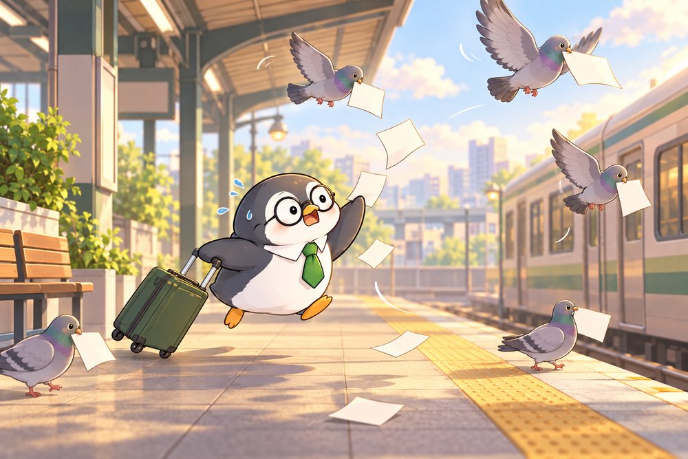 駅のホームで出張の領収書を集めるペンギンのナビ助
