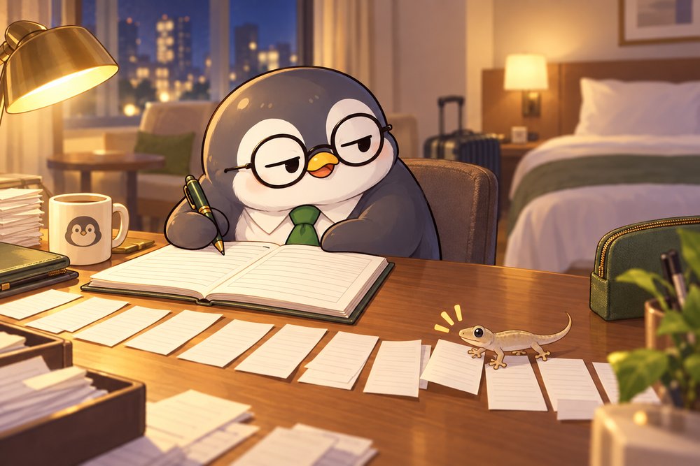 ホテルの机で領収書を帳簿に記入するペンギンのナビ助