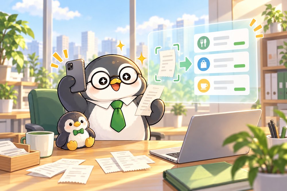 スマホで領収書を撮って精算を効率化するペンギンのナビ助