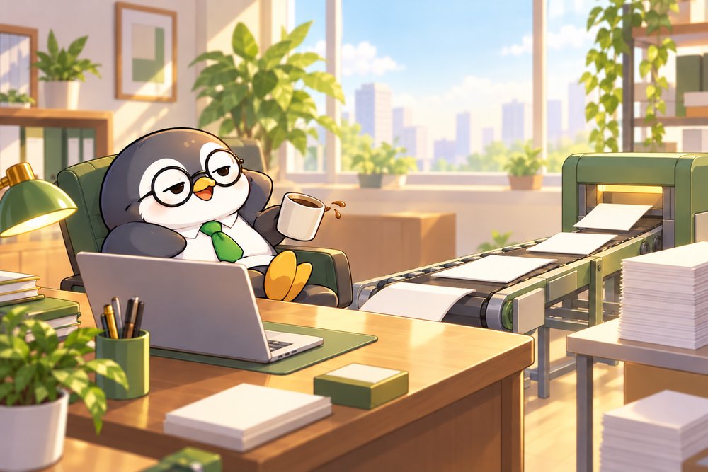 書類が自動で整うのをコーヒー片手に眺めるペンギンのナビ助
