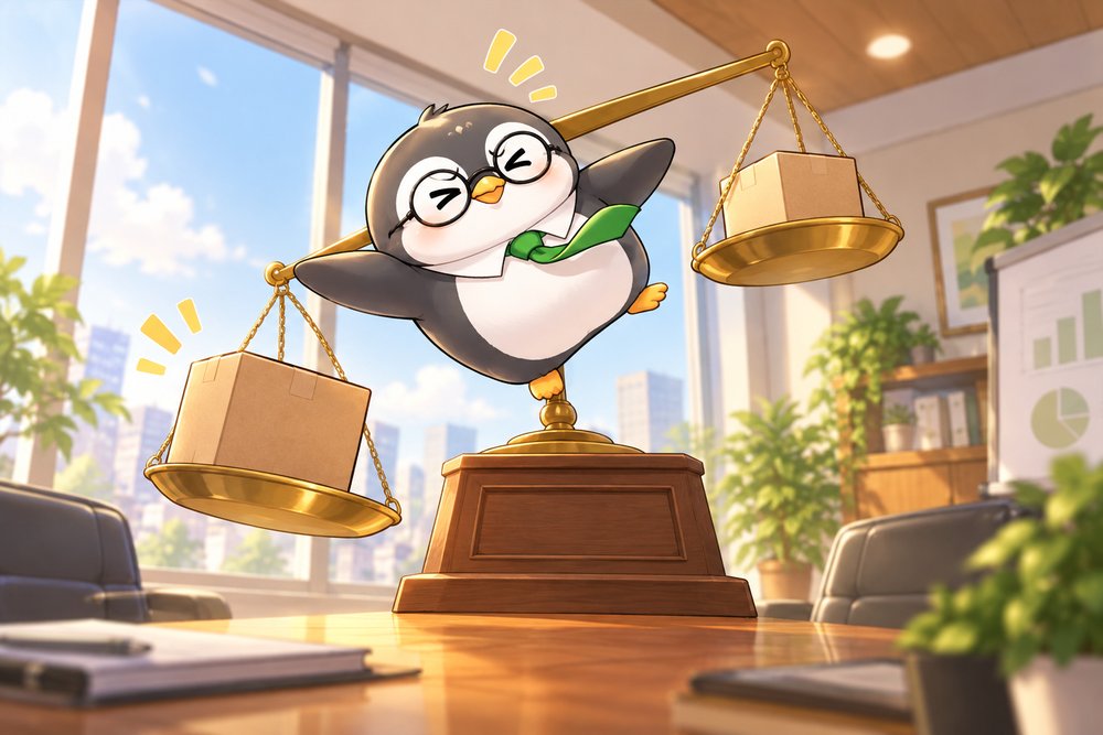 天びんで会計ソフトの料金を比べるペンギンのナビ助