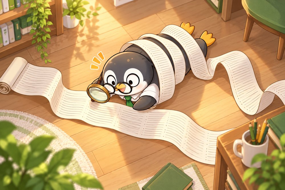 長い注意書きを虫めがねでチェックするペンギンのナビ助