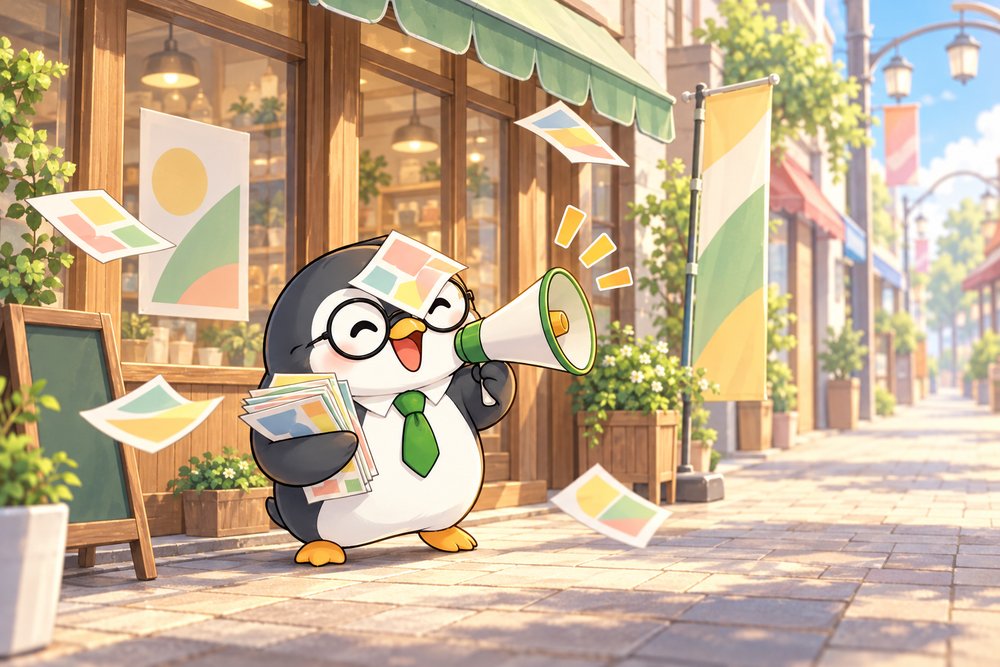 お店の前でメガホンとチラシで宣伝するナビ助