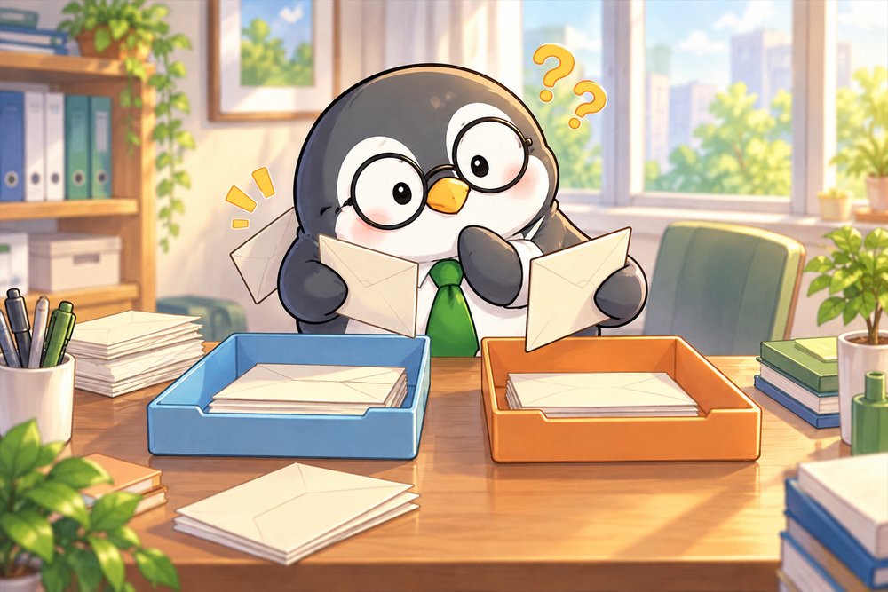 受け取るお金と払うお金の封筒を2つのトレーに仕分けるペンギンのナビ助