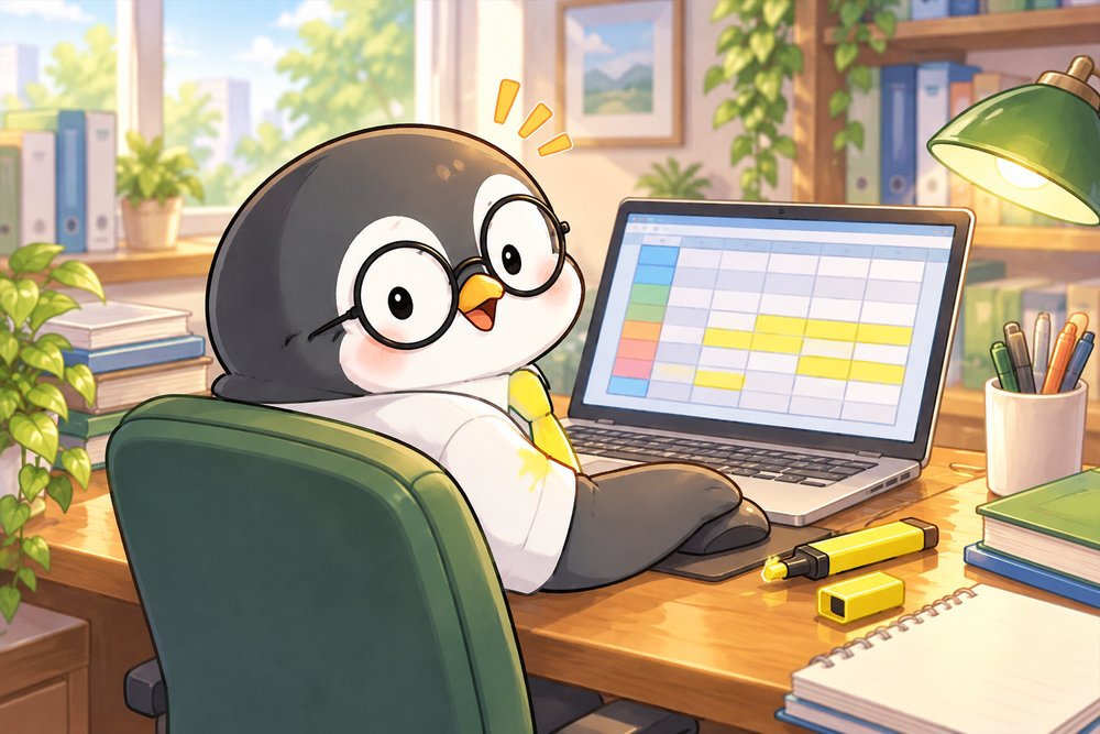 パソコンで色分けした管理表を作るペンギンのナビ助
