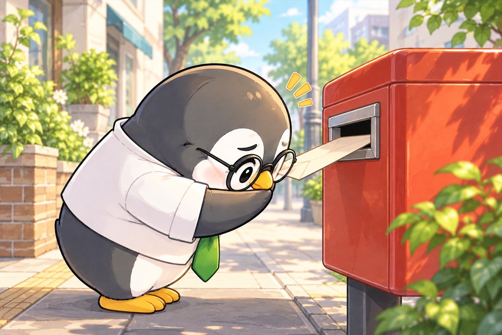 入金のお願いの封筒をていねいにポストへ入れるペンギンのナビ助