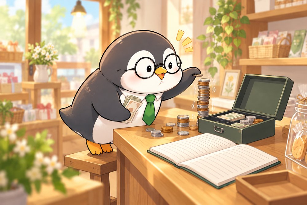 現金を数えて帳簿の残高を確かめるペンギンのナビ助