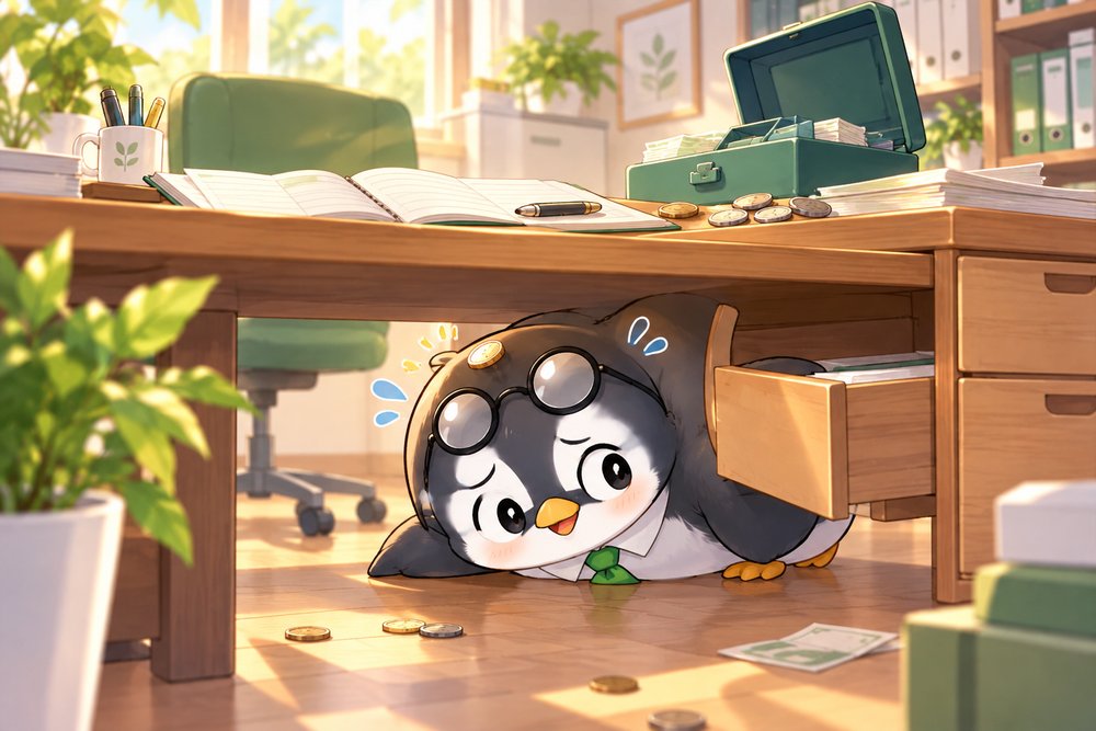 合わない現金を机の下で探すペンギンのナビ助