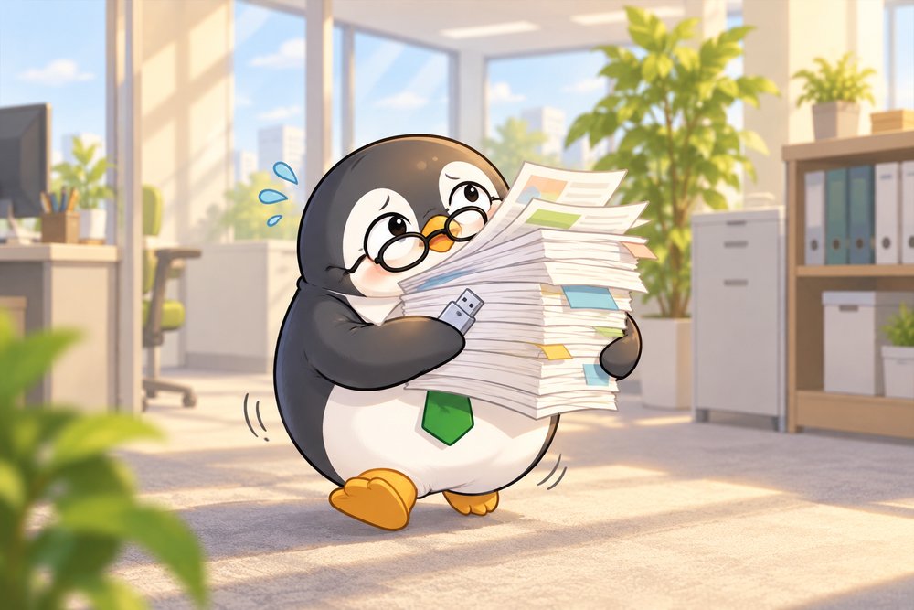 書類の山とUSBメモリを抱えて運ぶペンギンのナビ助