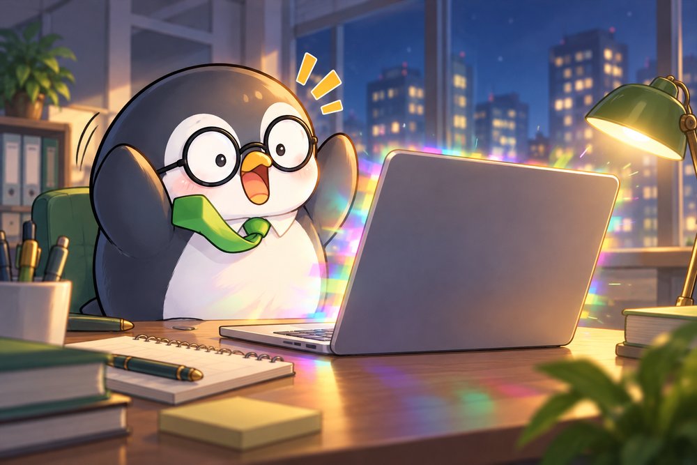 崩れたデータ画面に驚くペンギンのナビ助