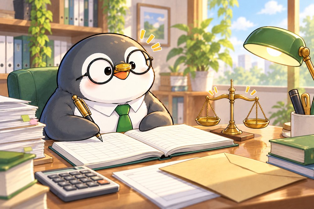 くちばしにコインをのせて補助金の仕訳を書くペンギンのナビ助