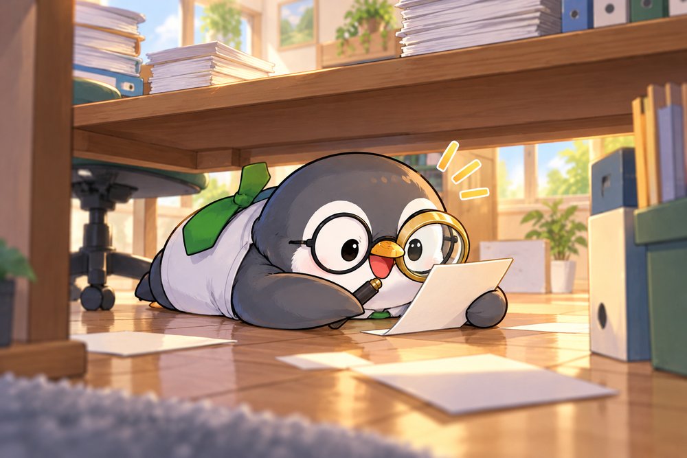 机の下で落ちていた領収書を見つけるペンギンのナビ助