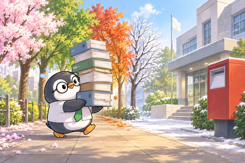 申請書類のファイルを抱えて季節の並木道を歩くペンギンのナビ助