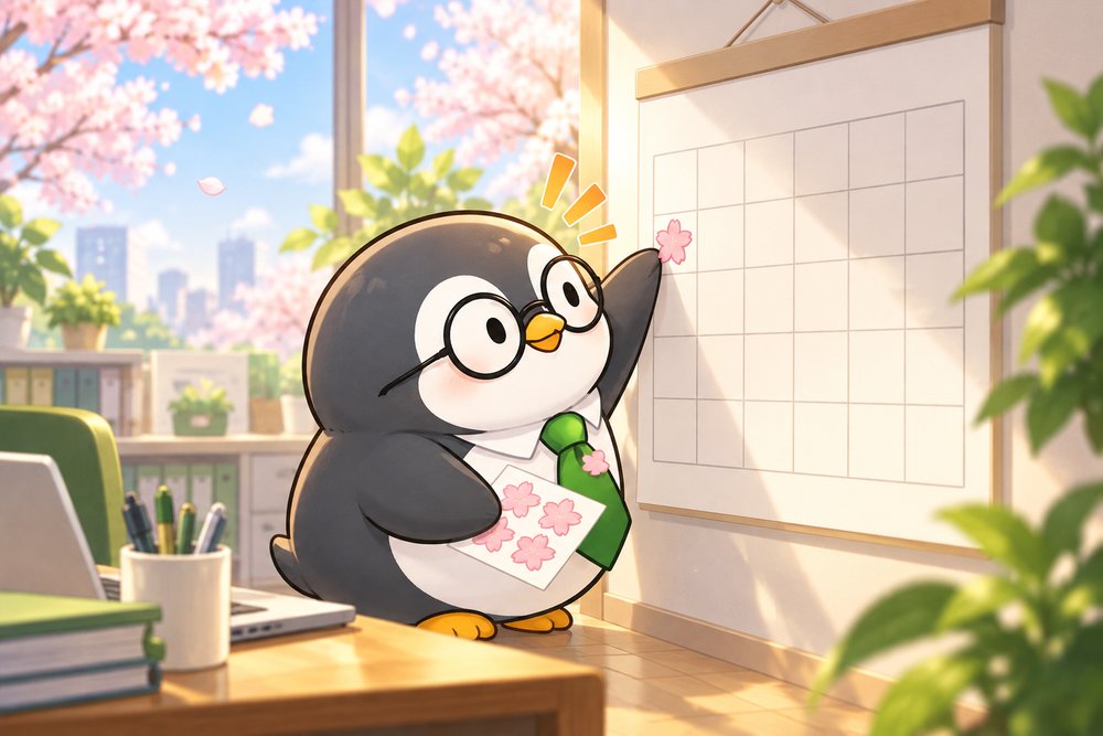 新年度のカレンダーに桜のシールを貼るペンギンのナビ助