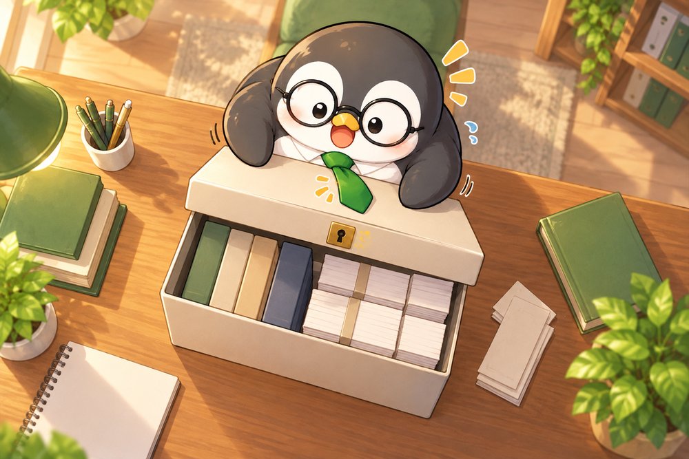 書類保管箱のふたにネクタイをはさんであわてるペンギンのナビ助