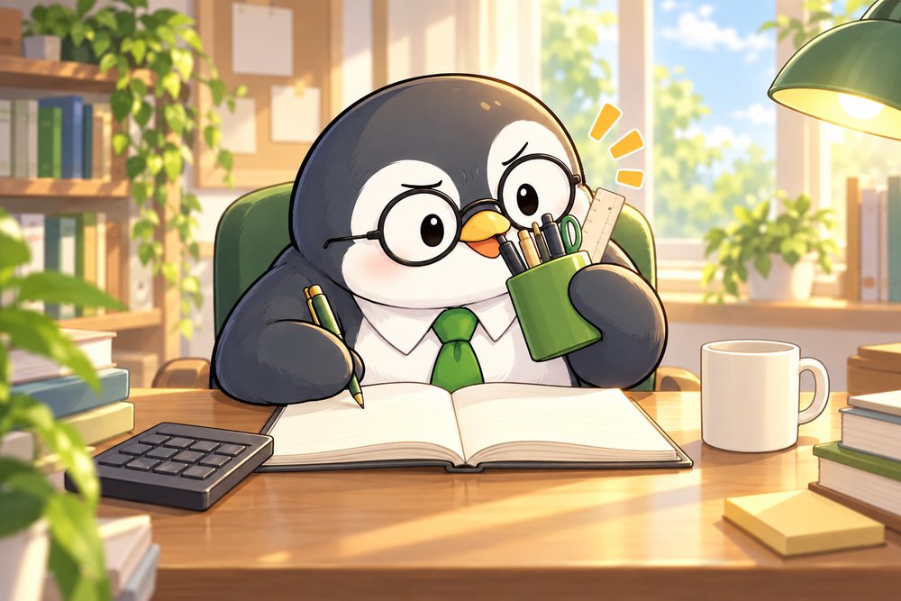 帳簿に収入と経費を書きこむペンギンのナビ助