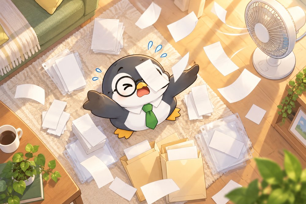 舞い上がるレシートを整理するペンギンのナビ助