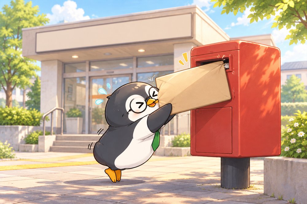 大きな封筒をポストに押しこむペンギンのナビ助