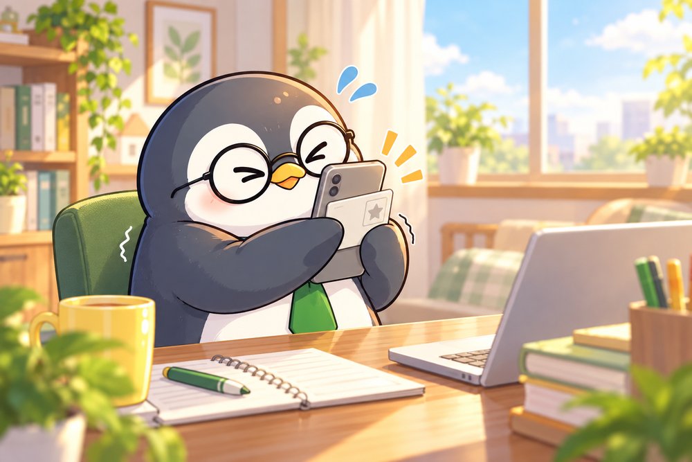 カードをスマホに当てて力いっぱい読み取るペンギンのナビ助