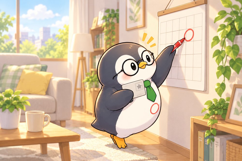 カレンダーとおなかに赤丸をつけるペンギンのナビ助