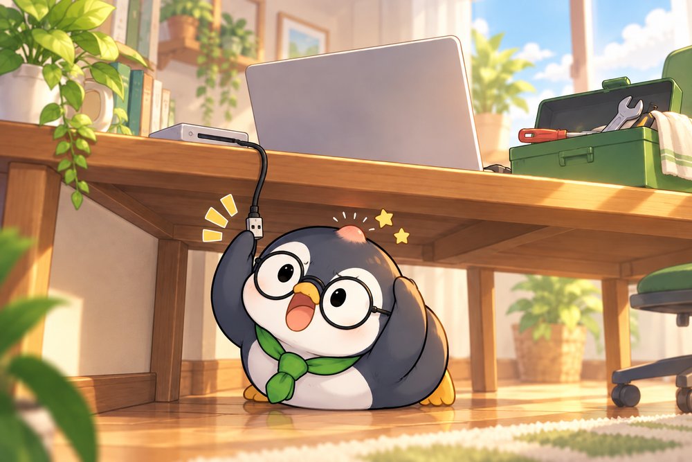 机の下で抜けたケーブルを見つけて頭をぶつけるペンギンのナビ助