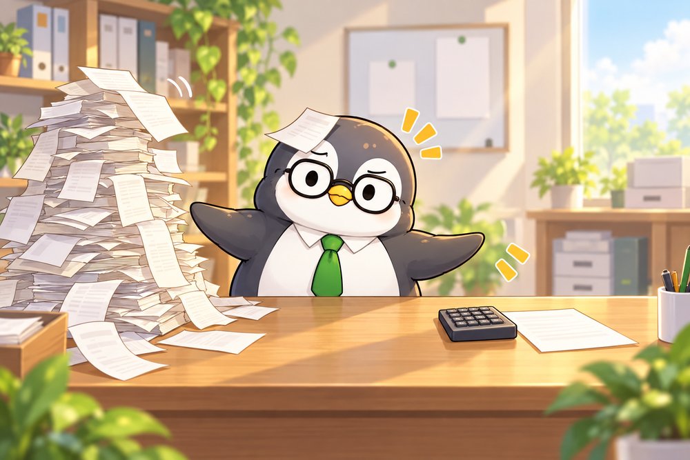 レシートの山と電卓を見比べるペンギンのナビ助
