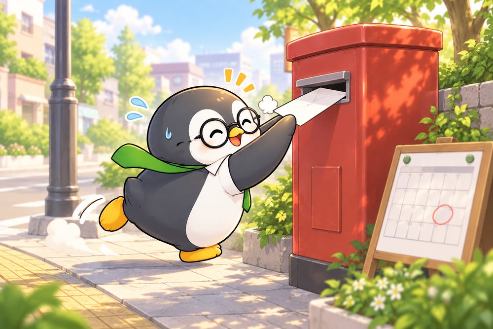 届出書をポストに急いで入れるペンギンのナビ助